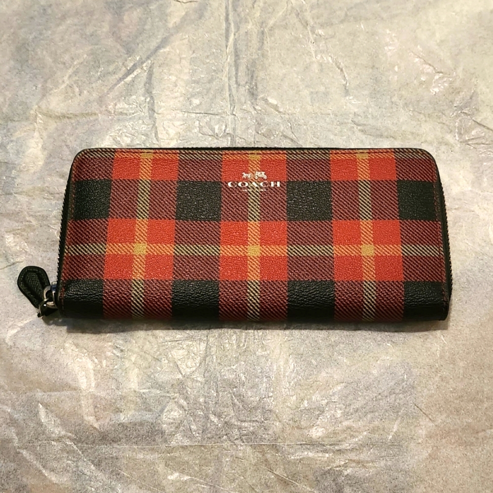 Coach Large Zip Around Wallet in Tartan Plaid Coated Canvas Red & Black  7 1/2"